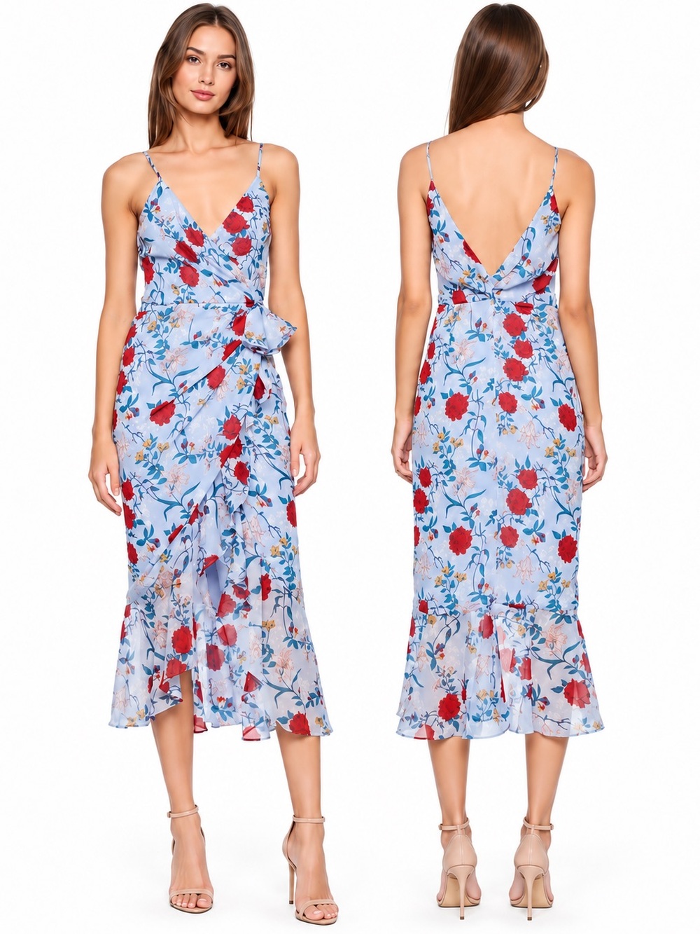 Bardot Elle Floral Georgette Faux Wrap Ruffle Midi Dress Blue Red US 4
